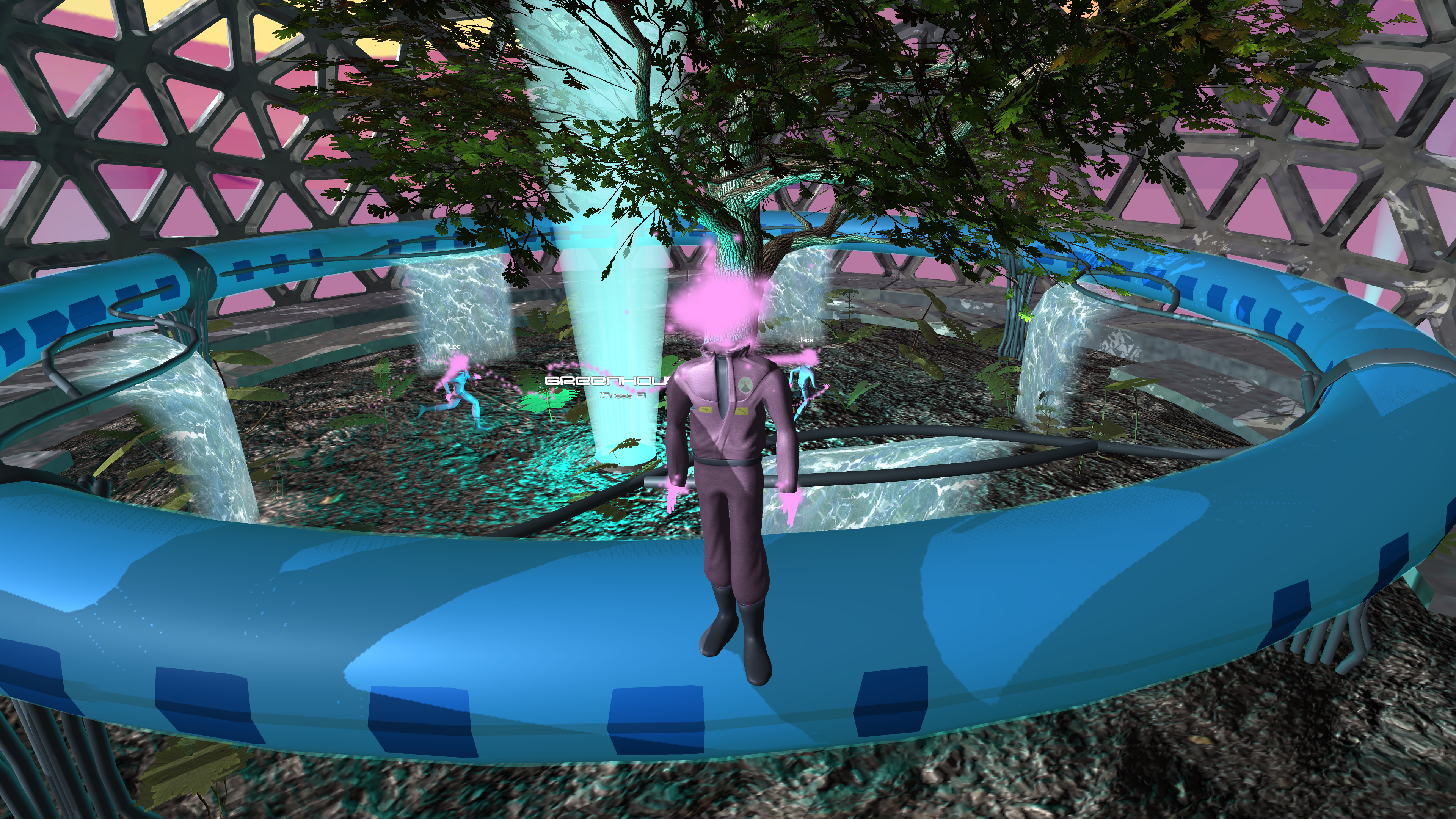 A digital rendering of a violet, spirit-like figure, wearing a lavender jumpsuit and with a cloud of smoke in place of a head, stands amidst a sci-fi environment within a large geodesic dome. A large tree, blue tunnel, and two running figures are also inside of the dome.
