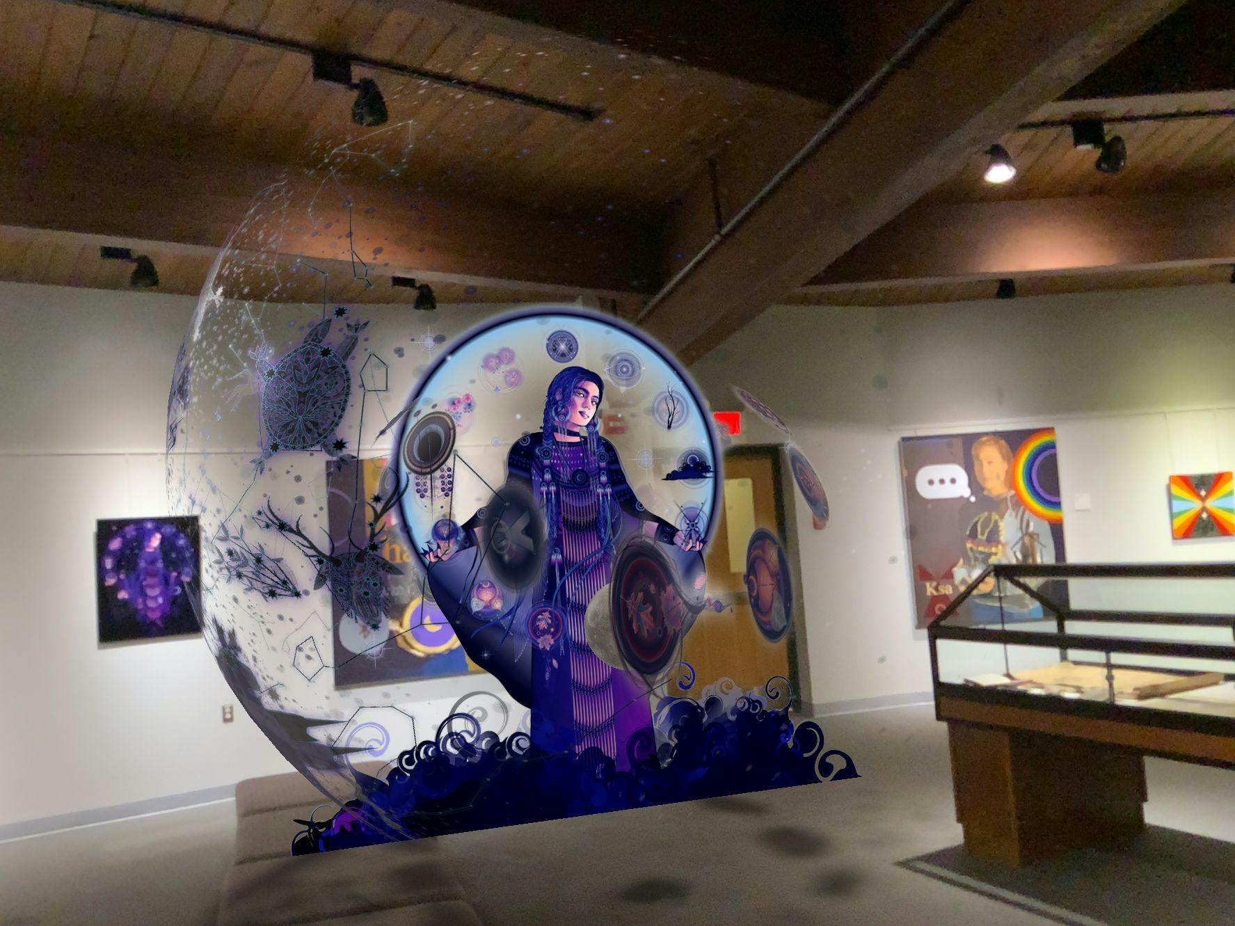 In a gallery with white walls and a wooden beamed ceiling, a virtual projection seems to hover in space amidst the other physical artworks. The Augmented Reality rendering depicts the Dakota moon spirit Hanwi in purple dress, in front of a large lunar calendar.