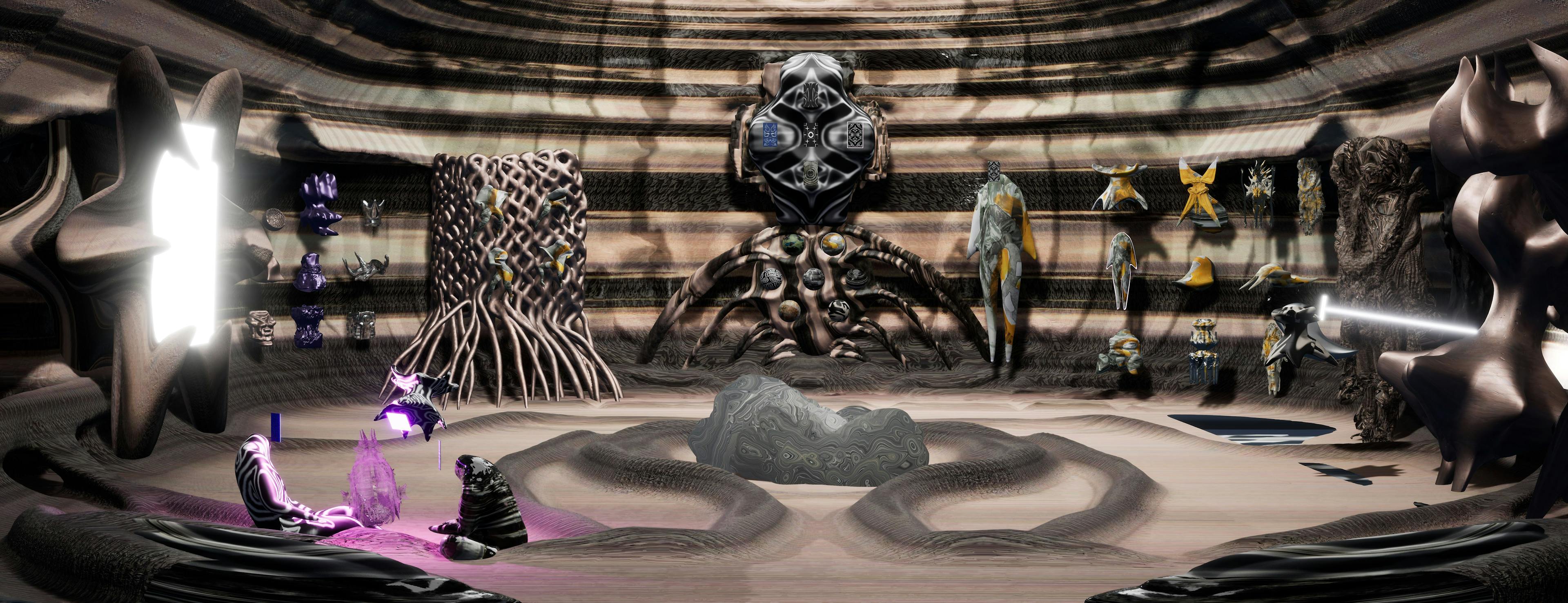 A digital rendering of a rounded interior space with an undulating floor with various garments, tools, and large, otherworldly architectural forms lining the perimeter.