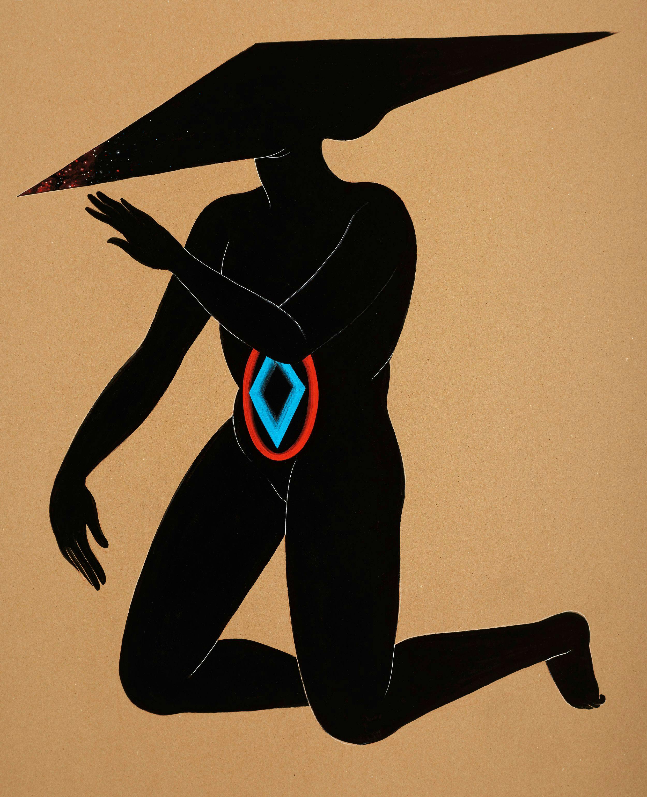 A black silhouette of a figure against a brown background crawls on their knees with their hands pawing through the air. In place of a head is a large flat rhomboid with celestial glitter at one end, and on the figure’s belly is a blue diamond encased by a red circle.